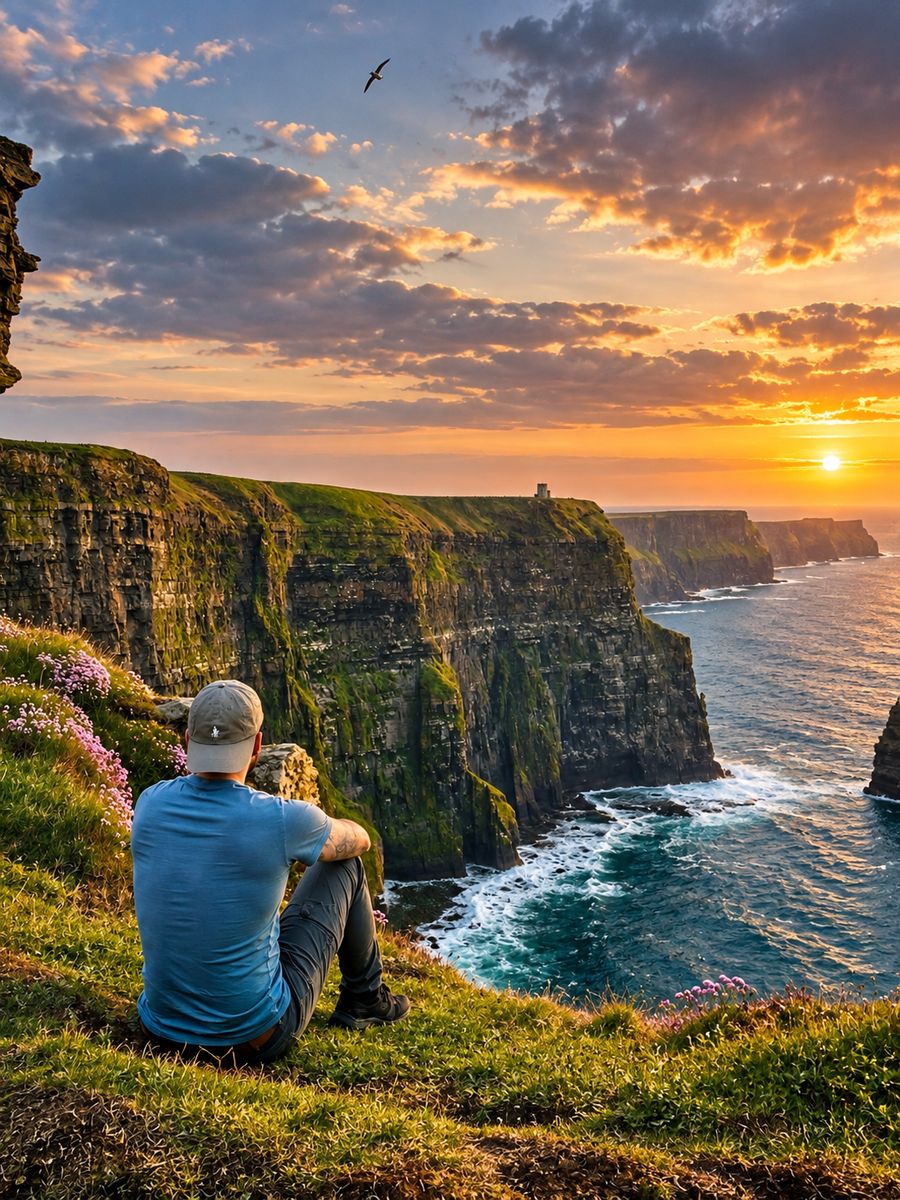 Alessandro seduto sulle scogliere a picco sull’oceano al tramonto
